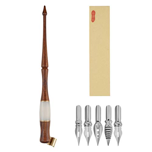 Yoption Wood Calligraphy Oblique Dip Pen Holder Set, Removable Nib Pen Handle Stand with 5 Flat Nibs Kit - color: Dip Pen+5pcs Nibs