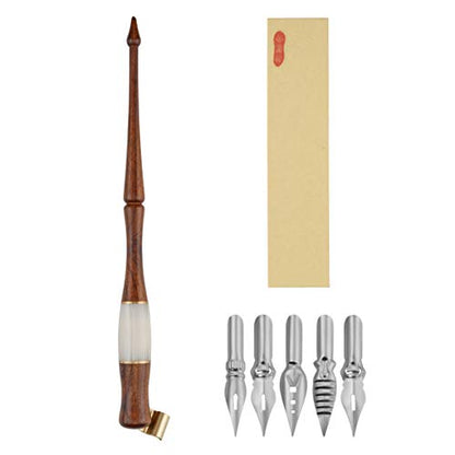 Yoption Wood Calligraphy Oblique Dip Pen Holder Set, Removable Nib Pen Handle Stand with 5 Flat Nibs Kit - color: Dip Pen+5pcs Nibs