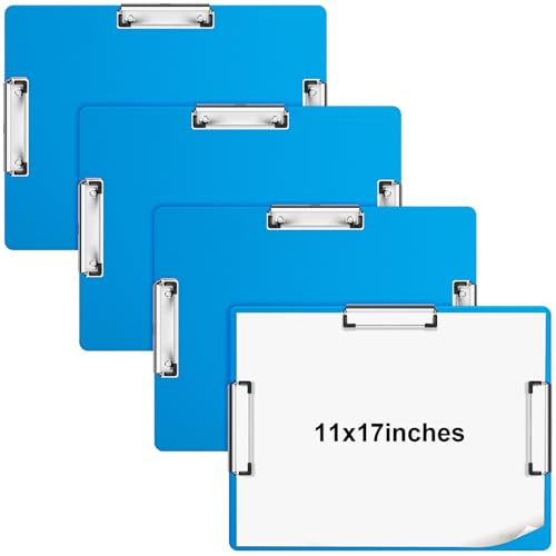 Tenceur 4 Pcs 11x17 Clipboard Three Clip Blue Extra Large Clipboard Horizontal Drawing Board 11 x 17 Inch Art Sketching Landscape Board for School Office Students Teachers Supplies