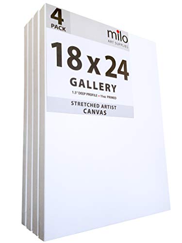 milo Stretched Artist Canvas | 18x24 inches | 4 Pack | 1.5” inch Thick Gallery Profile | 11 oz Primed Large Canvases for Painting, Ready to Paint Art Supplies for Acrylic, Oil - size: 18" x 24" Pack of 4