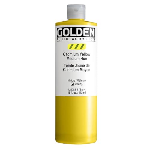 GOLDEN Fluid Acrylics, Cadmium Yellow Medium Hue, 16 fl. oz. Bottle, Professional Acrylic Paint, Semi-Opaque