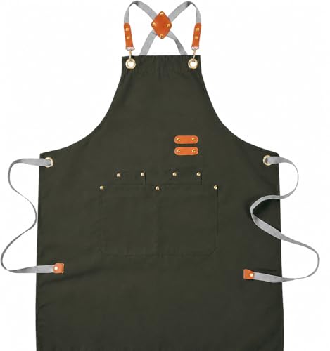 Aoomzoon Durable Kitchen Apron,Multifunctional Chef Aprons for Women & Men with Pockets for Cooking Baking & Daily Use - color: Gray Green