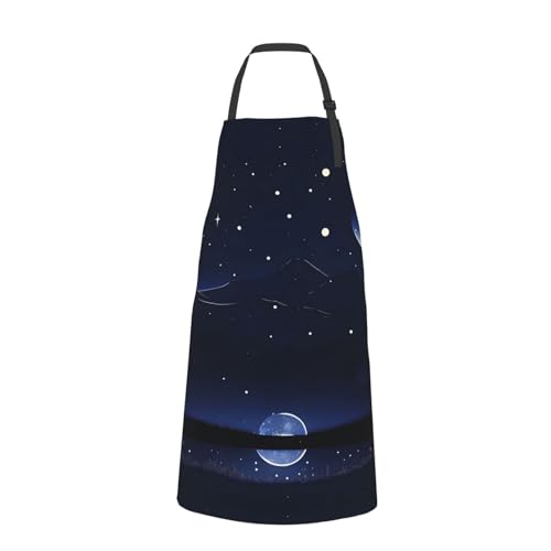 Round watercolor painting Heavy Duty Waterproof Apron with Pockets for AdultsResistant Grilling, Gardening, Painting - color: Serene Blue Night View