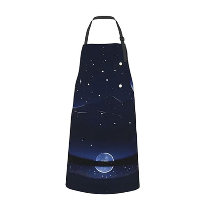 Round watercolor painting Heavy Duty Waterproof Apron with Pockets for AdultsResistant Grilling, Gardening, Painting - color: Serene Blue Night View