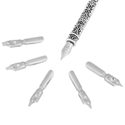 Walfront Calligraphy Quill Pen Set Vintage Red Ink Lettering 5 Replacement Metal Nibs 1 Ink Bottle Gift