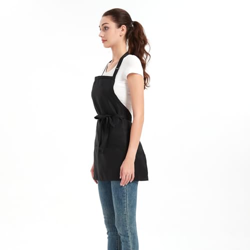 Aprons for Women with 3 Pockets, Cooking Apron with Waterproof Coating, Chef Apron Adjustable Neck Strap - color: Black