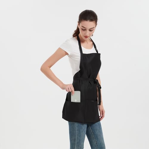 Aprons for Women with 3 Pockets, Cooking Apron with Waterproof Coating, Chef Apron Adjustable Neck Strap - color: Black