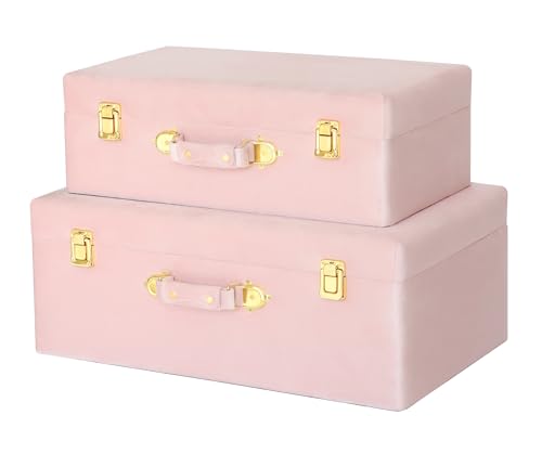 HofferRuffer Velvet Storage Trunks with Wood Frame, Set of 2 Storage Chests with Handles, Bedroom Organizer Nesting Upholstered Decorative Boxes Hinged Lid with Gold Hardware Accents (Pink Trunks) - color: Pink Trunks