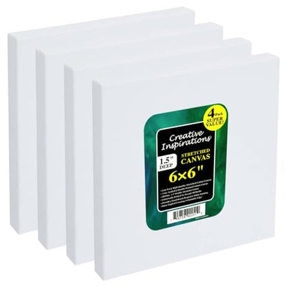 Creative Inspirations Stretched Canvas 4 Pack - 1-1/2" Deep, 6x6", 11oz Sealed & Double-Primed Cotton Canvases, Pine Stretcher Frame, Archival All-Media Primer - Alkyd, Acrylic & Oil Painting - size: 6x6"