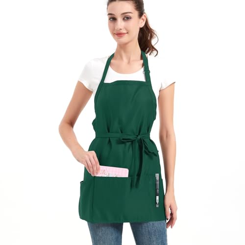 Aprons for Women with 3 Pockets, Cooking Apron with Waterproof Coating, Chef Apron Adjustable Neck Strap - color: Green