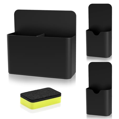 MoKo Magneitc Dry Erase Marker Holder Set, 3-Pack Magnetic Marker Pencil Pen Holder Cup Organizer for Metal & Magnetic Surface, 1 Large with Divider & 2 Small Holders & 1 Dry Erase, Black - color: Black-3 Pack