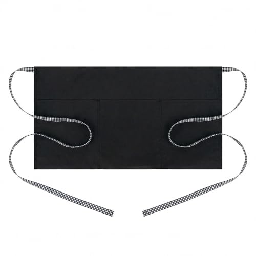 BOHARERS 3-Pocket Waist Apron With Black And White Plaid Shoulder Straps - Black Waitress Waiter Server Short Aprons - color: A2-1 Pack Black and White Plaid Straps