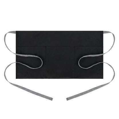 BOHARERS 3-Pocket Waist Apron With Black And White Plaid Shoulder Straps - Black Waitress Waiter Server Short Aprons - color: A2-1 Pack Black and White Plaid Straps