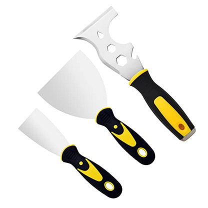 3Pcs Putty Knife, 2" 4" Spackle Knife Set Stainless Steel 15-in-1 Painters Scraper Wallpaper Scraper Tool for Repairing Drywall, Removing Wallpaper, Applying Putty, Plaster, Cement, Adhesive