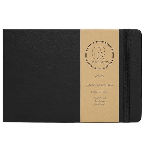 Vienrose Watercolor Sketchbook, 8.25"x5.5" Watercolor Journal with 24 Sheets 48 Pages 140 LB (300 GSM) Cotton Watercolor Paper, Black Leather Cover Water Coloring Sketch Book As Travel Notebook - color: Black, size: 8.25" x 5.5" 1 Pack