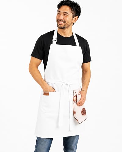 100% Cotton Kitchen Apron with 2 Pockets – Adjustable Chef Apron for Cooking Baking BBQ – Unisex Apron - color: White, size: Standard