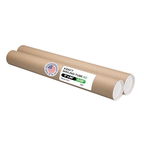 Cardboard Mailing Tubes, 3" x 24" with Plastic Caps, Pack of 2 - USA-Made USPS Approved Poster Tube for Documents & Blueprints - Reinforced Mailing Cylinders for Shipping & Storage by IDL Packaging - color: Brown, 3" x 24"