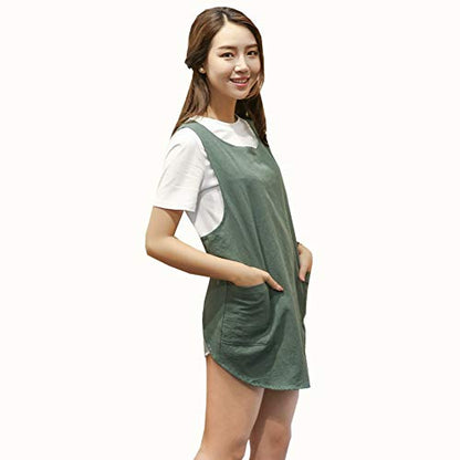 Shortened Design Apron, Japanese Style Soft Cotton Linen Apron with Two Side Pockets, X Cross Halter Aprons, Kitchen Cooking Clothes Gift for Women DIY Project, Crafting, Cooking, Baking(Army Green ) - color: Army Green, style: 1# Style-rounded Edge