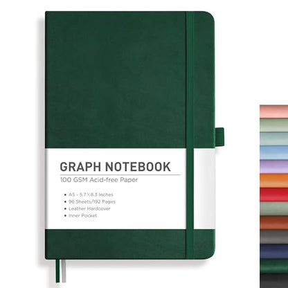 RETTACY Graph Grid Paper Notebook, 192 Pages, A5 Medium Size (5.7'' x 8.3''), 5 Squares per Inch, Leather Hardcover, 100 GSM Thick Paper, for School, Students, Math, Engineering (Dark Green) - color: Dark Green, style: Grid