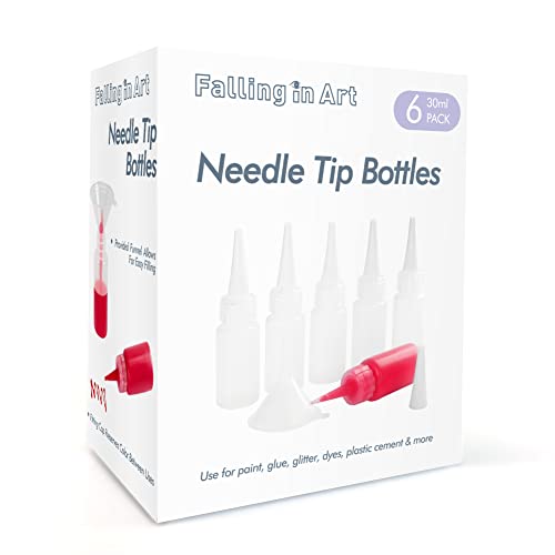 Falling in Art 1oz Needle Tip Squeeze Bottle, Precision Tip Applicator Bottle with a Funnel for Small Gluing Projects, Acrylic Painting, 6 Pack