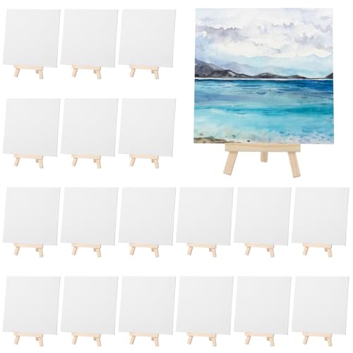 MotiMind 36 Pcs Mini Canvas and Easel Set for Painting, 6 x 6 Inch Canvas Panels with 6 Inch Wooden Easels for Oil Acrylic Painting Christmas Birthday Valentine's Mother's Day Art Crafts Party Favors - size: 6 x 6 Inch