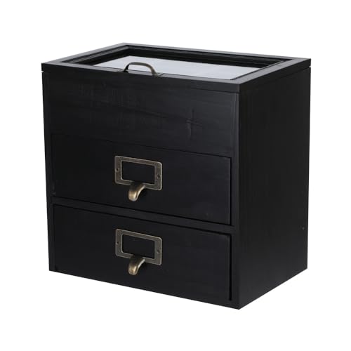 Wooden Storage Box Wooden Desk Organizer with 2 Drawers and 6 Grids Apothecary Drawers Small Wooden Drawers Small Craft Storage Containers Jewelry Holder for women(Glass Black02) - color: BLACK-GLASS02