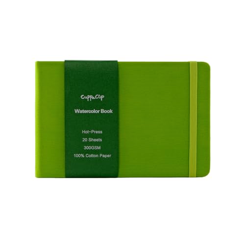 CuppaClip Watercolor Paper Cotton Hot-Pressed with Inner Pocket Watercolor Sketchbook Journal As Travel Notebook 300 GSM 140 LB (Green, 8.26x5.82in) - color: Green, size: 8.26x5.82in