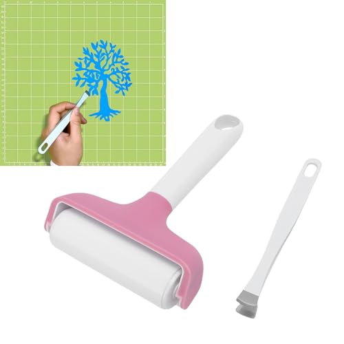 FAUOSWUK Rubber Roller Tool, Silicone Roller and Tweezers Kit, Boat Flooring Install Printmaking Painting Stamping Wallpaper Gluing for Bubble Removal, Gripping and Lifting Threads (Pink) - color: Pink