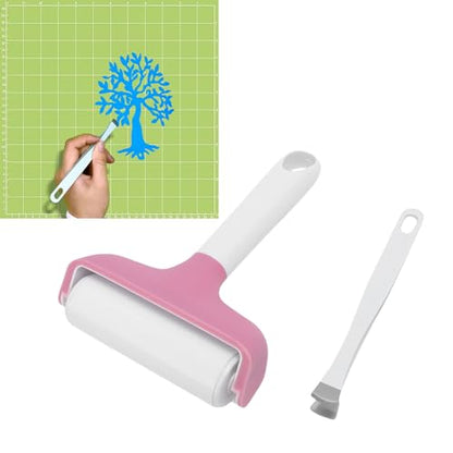 FAUOSWUK Rubber Roller Tool, Silicone Roller and Tweezers Kit, Boat Flooring Install Printmaking Painting Stamping Wallpaper Gluing for Bubble Removal, Gripping and Lifting Threads (Pink) - color: Pink