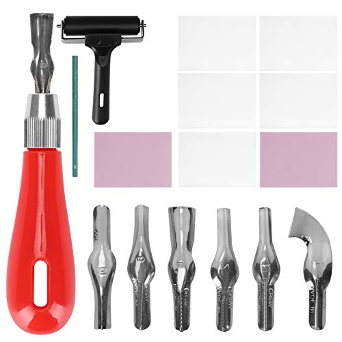 Rubber Carving Kit Stamp Block Making Set, Wireless Printmaking Art Craft Tools with 6 Cutter Blades, Engraving Kit for DIY Rubber Stamps and Soft Media