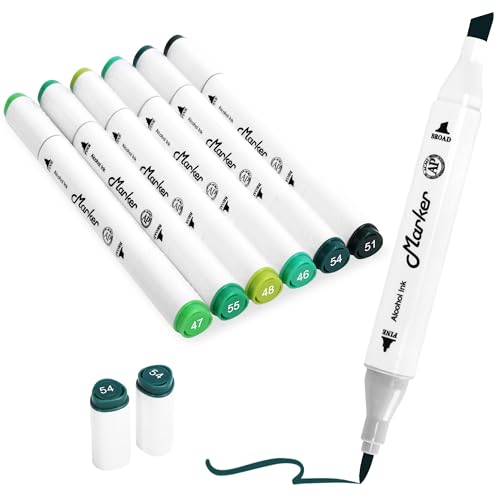 Green Alcohol Markers, 6 Pack Dual Tips Soft Fine Tip and Broad Tip Permanent Art Marker for Artists Adults Coloring Drawing Illustration Sketching Painting (Green) - color: Green