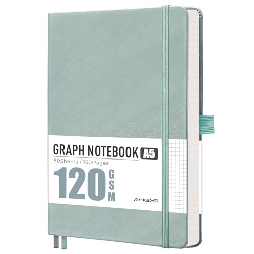 AHGXG Graph Grid Paper Notebook, 160 Pages, A5 Medium Size (5.7'' x 8.3''), 120 GSM Thick Paper, Leather Hardcover, for School, Students, Math, Engineering (Gray Blue) - color: Gray Blue, style: Grid