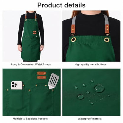 Aoomzoon Durable Kitchen Apron,Multifunctional Chef Aprons for Women & Men with Pockets for Cooking Baking & Daily Use - color: Cypress Green