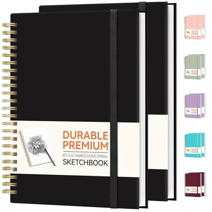 Forvencer 2 Pack Blank Spiral Notebook, 8"x 5.6"Hardcover Sketch Book, 100GSM Thick Paper, Art Sketchbook for Women & Adult, 100 pages / 50 Sheets Drawing Book Journal for School Office Drawing, Black - color: Black