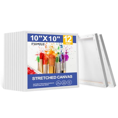 FUMILE Stretched Canvas for Painting 10x10, 12 Pack Square Canvases for Painting-5/8 in Profile Primed White Blank Painting Canvas Value Pack for Oil & Acrylic Paint - size: 10x10IN