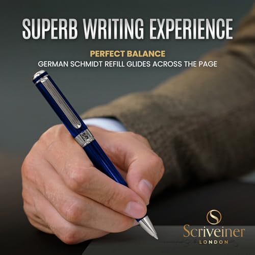 Scriveiner Midnight Blue Ballpoint Pen - Stunning Blue Lacquer Luxury Pen, Chrome Finish, Schmidt Black Refill, Best Ball Pen Gift Set for Men & Women, Professional Executive Office, Nice Designer Pen - color: 6. Midnight Blue with Chrome