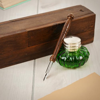 Vintage Fountain Pen Ink Bottle - Fancy Vintage Glass Bottle Inkwell, Office Supplies for Writers Desk - Ideal for Dip Pen Ink, Calligraphy, Dark Academia Writing Supplies - 3.5" Green Glass
