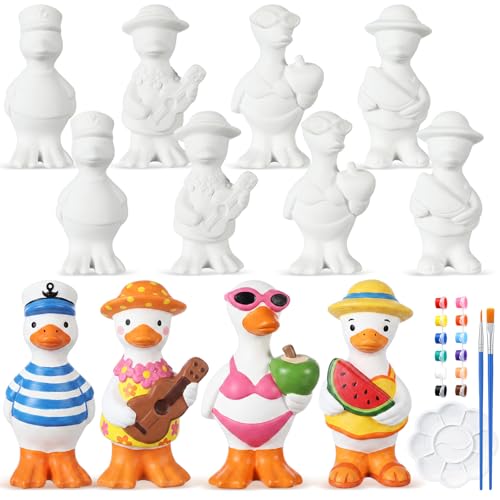 Soulchen 17 Pcs Paint Your Own Summer Beach Goose Ceramic Paint Craft Set Include 12 Unpainted Ceramic Geese, 2 Strips of Paints with 2 Brushes 1 Palette Toys Gift for Birthday Christmas - style: Summer Goose