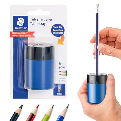 STAEDTLER pencil sharpener, premium quality sharpener with screw-on lid, prevents accidental openings, compact size for pencil case and work-station, 511 63BK