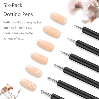 6 pcs Nail Art Brush Set,Double Ended Fine Nail Liner Brush Dotting Pen Painting Tools with Nail Extension Gel Brush, Builder Gel Brush, Nail Art Liner Brush, Nail Dotting Pen for DIY Manicure, Black
