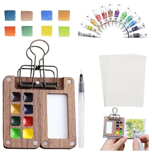 Mini Watercolor Travel Paint Set, Mini Portable Travel Watercolor Palette Set, 12 Colors Wooden Grid Paint Box, Watercolors Paper Pad Watercolor Sketchbook with Binder Clips for Artists Students