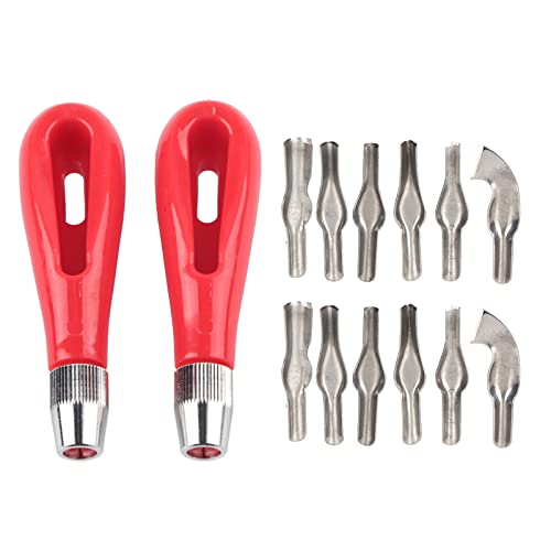 HEEPDD 2 Sets Wood Carving Tools Set, Stainless Steel Wood Block Carving Knifes with 2 Red Plastic Handle and 12 Blades Multifunctional Art Tools for Pumpkin Rubber Stamp Felt Craft