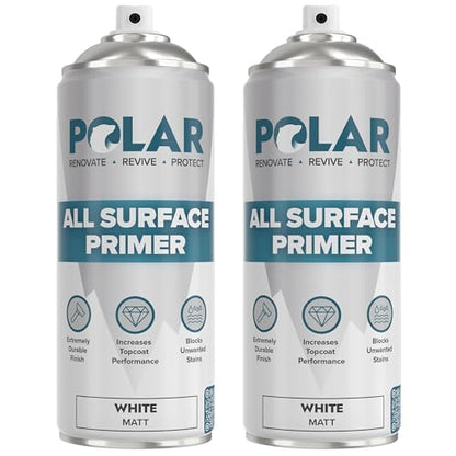 Polar All Surface Primer Matte White - 2 x 13.5 Fl Oz - Ideal for Wood, Metal, Plastic, Brick - Enhanced Adhesion & Quick Drying - color: White