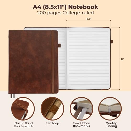Classic Lined Journal Notebook 8.5x11" A4 Hardcover Leather - Brown - 200 Pages College Ruled Large with Sticky Tabs, Pockets, and Pen Loop for Writing and Journaling - Big Hardback Men and Women - color: Brown, size: A4 200 Pages