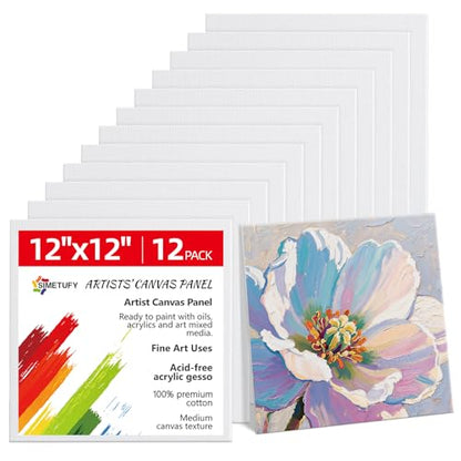 Simetufy 12 x 12 inch 12 Pack Painting Canvas Boards- Gesso Primed Acid-Free 100% Cotton Canvas Panels for Acrylics Oil Watercolor Tempera Paints - size: 12"x12"