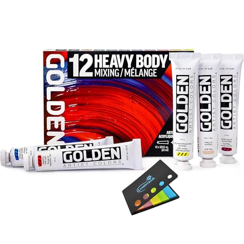 GOLDEN Heavy Body Acrylic Paint Set, 12 Color Professional Acrylic Paint Set, Twelve 3/4 Fl Oz Tubes with 2 Fl Oz Gloss Glazing Liquid, Bundle with Sticky Notes