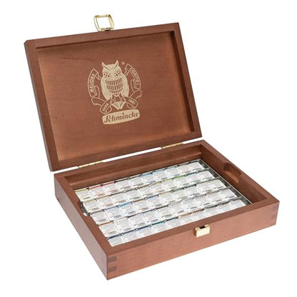 Schmincke Horadam Aquarell Watercolor Pans - Set of 50, Wood Case, Super Granulation Colors, Half Pans