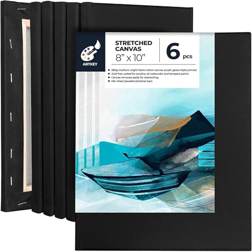 Artkey 6-Pack Black Canvas, 8x10 Inch, Triple Primed, Acid-Free, 100% Cotton, For Acrylics, Oil, Watercolor Paints - size: 8"X10"(6-PACK)