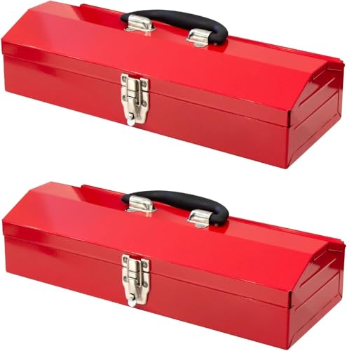 Portable Metal Tool Box, Steel Tool Storage Box with Handle, Hip Roof Style Tool Chest with Metal Latch Closure for Workshop, Garage, Home, 16"L x 6"W x 3.7"H, Red, 2-Pack - color: Red, size: 16"x2