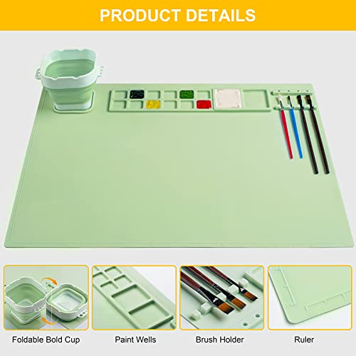 Silicone Painting Mat, Silicone Art Mat with Cup, Silicone Craft Mat with Paint Brush Cleaner Tool, Silicone Artist Mat for Kids Gift Painting Clay DIY Creations, Christmas Gift (Green) - color: Green